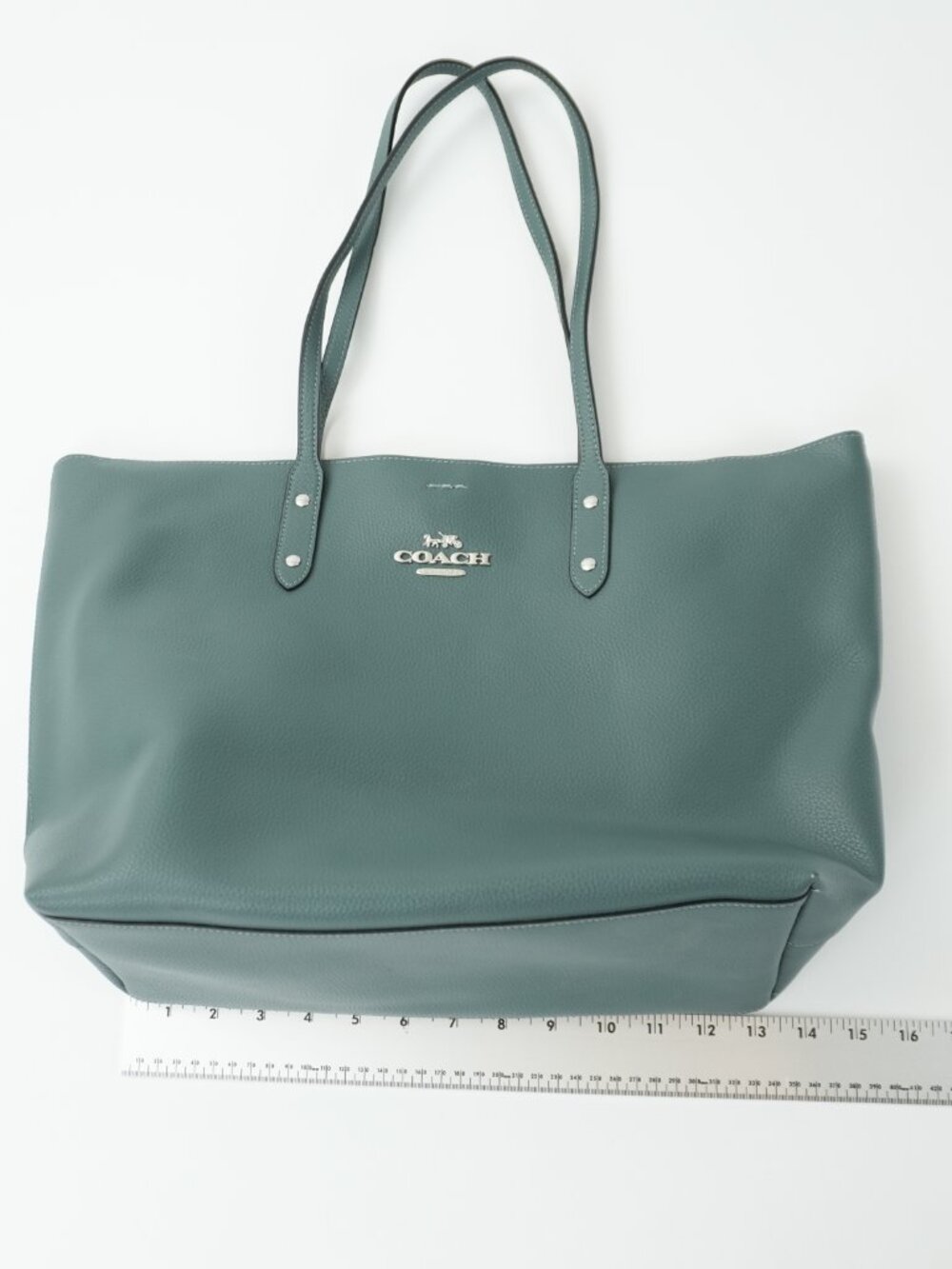 COACH Tote Green Pebbled Leather Handbag Shoulder Bag large - Picture 14 of 15